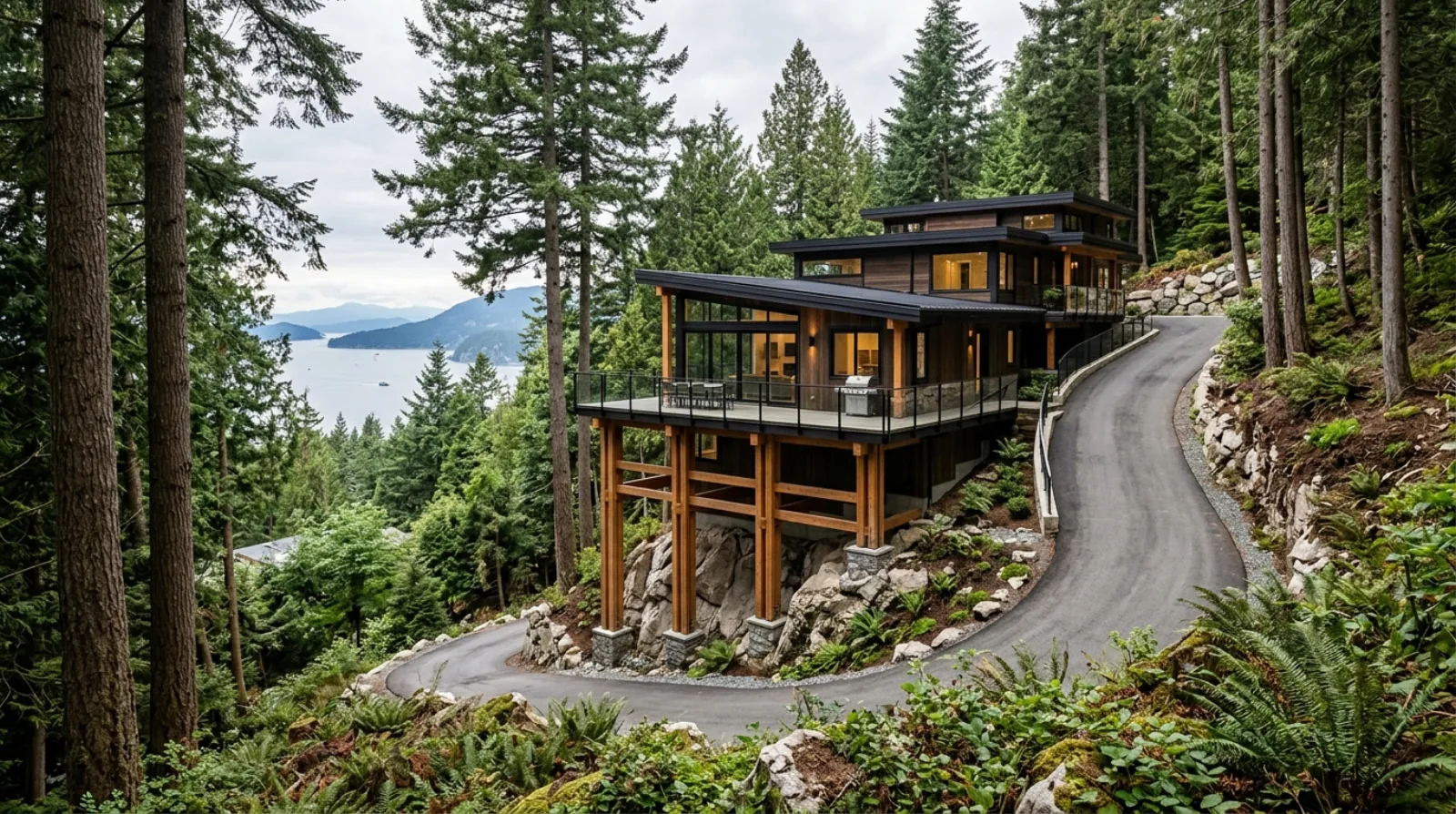 West Coast modern home on a steep forested British Properties lot in West Vancouver with mountain slope and ocean view