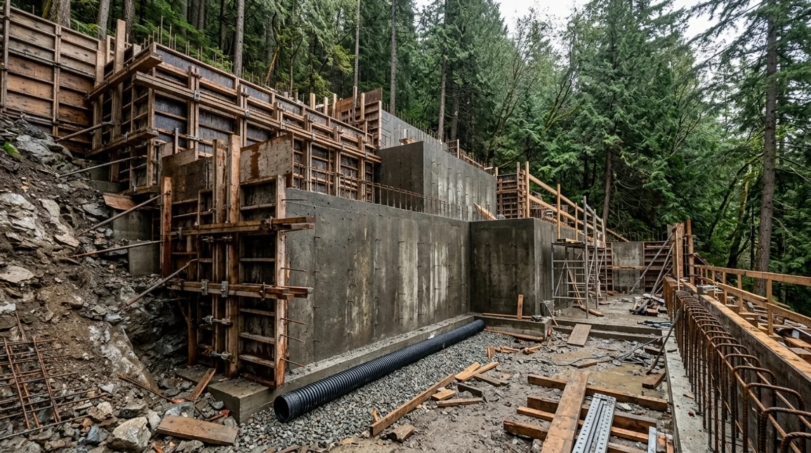 Engineered concrete retaining wall and stepped foundation under construction on a steep forested North Vancouver hillside lot