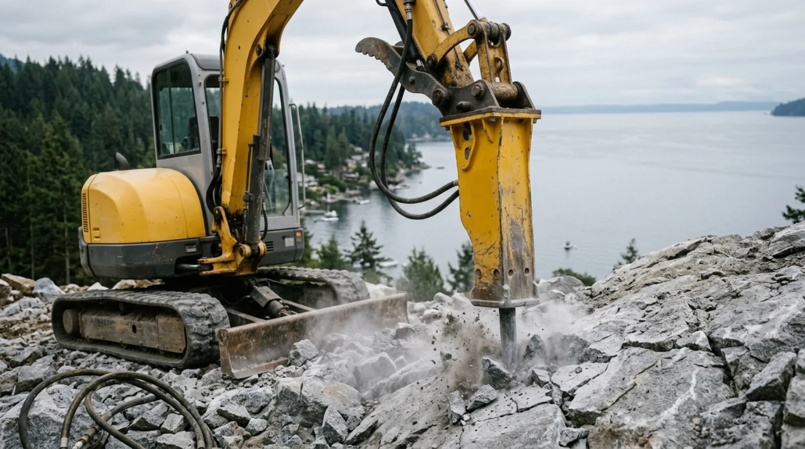 Hydraulic rock breaker attachment on an excavator working granite bedrock at a West Vancouver construction site above the coastline