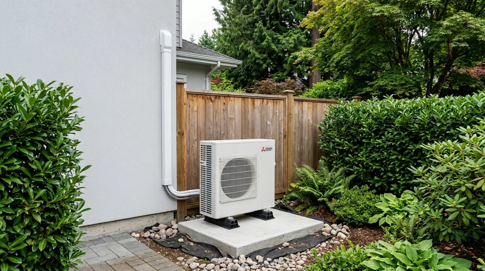 Cold-climate heat pump outdoor unit on a concrete pad beside a cedar-clad North Vancouver home