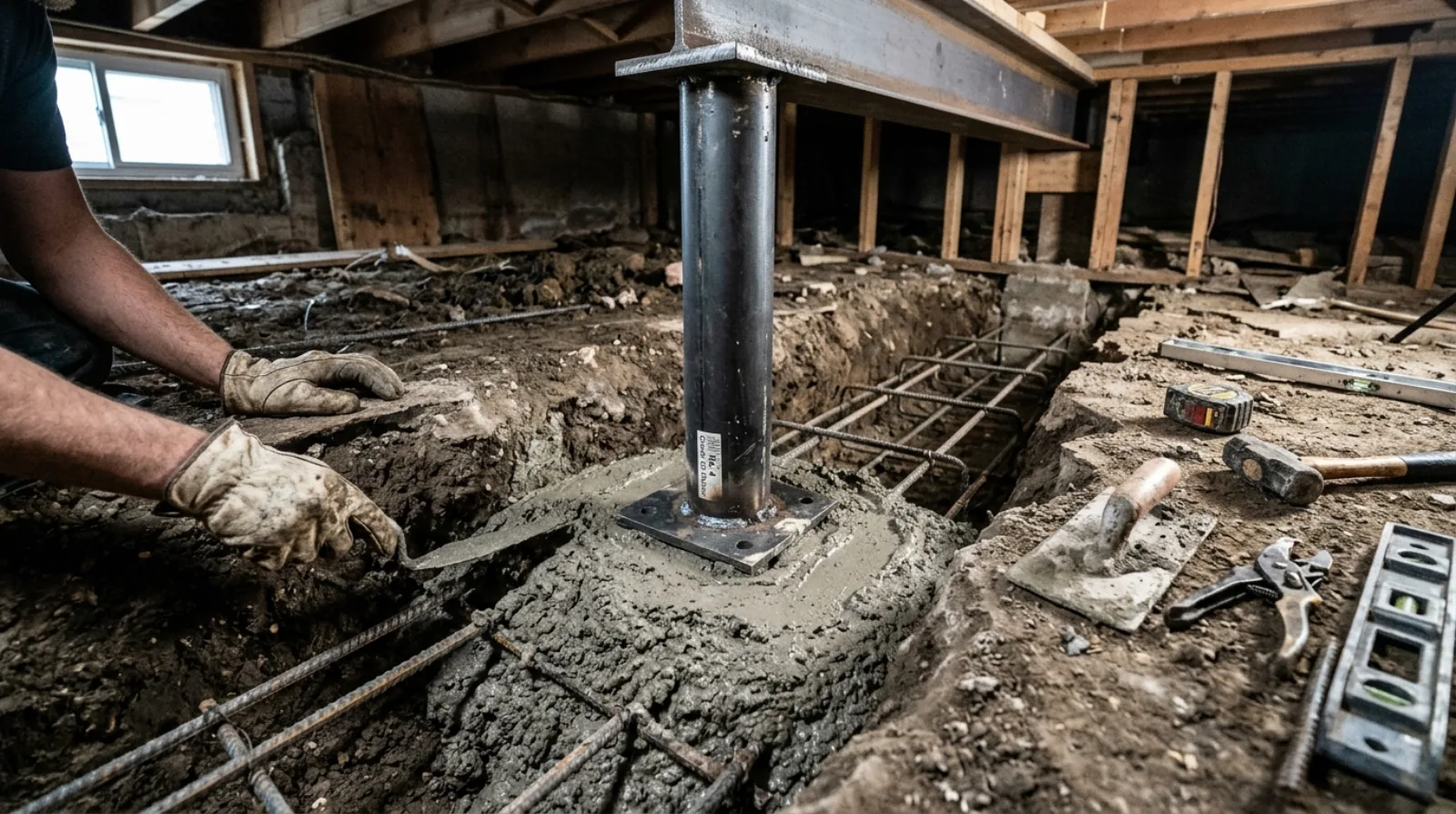 Reinforced concrete footing and steel post installed beneath a North Vancouver home before a second-storey addition