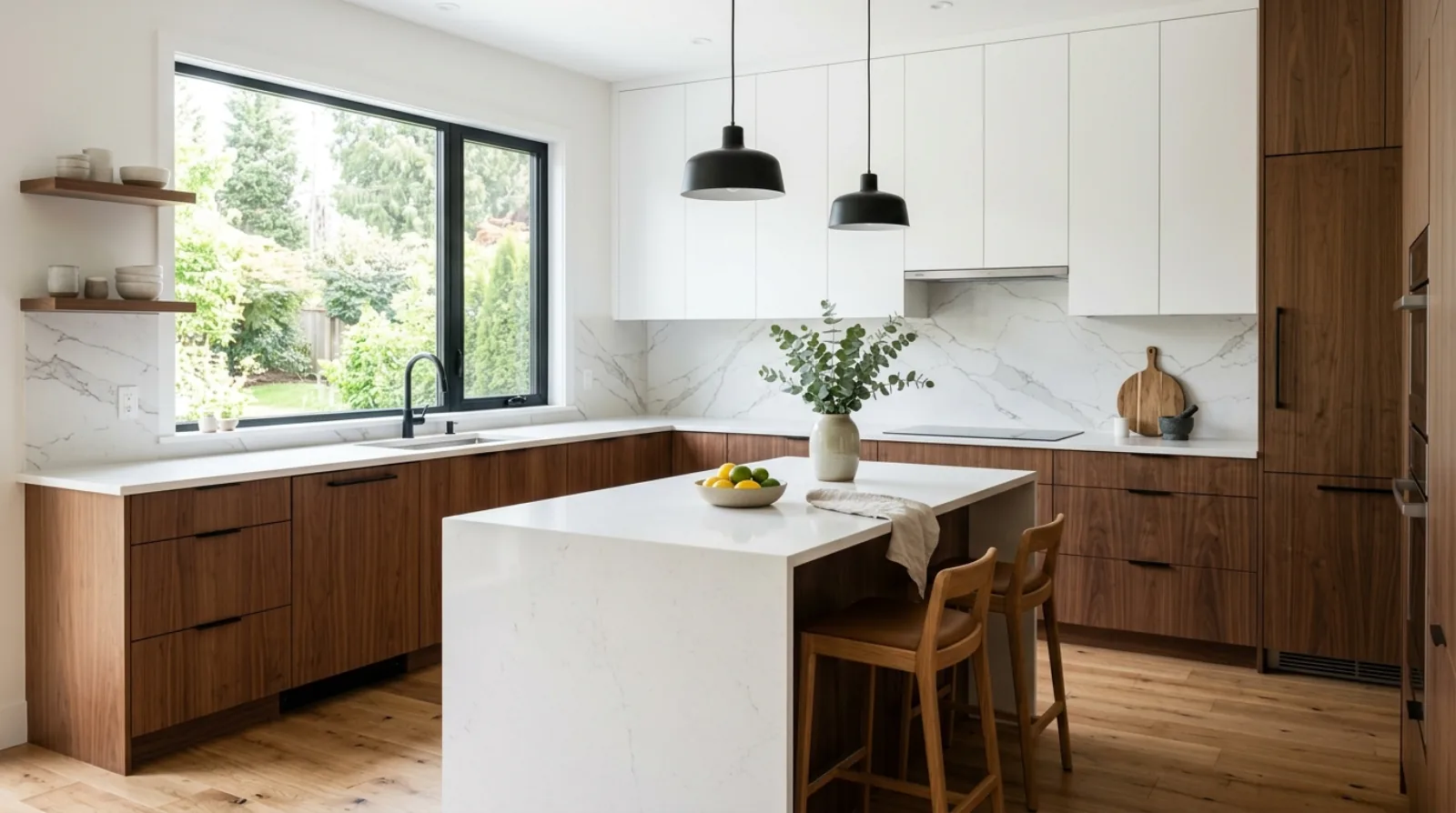 Modern two-tone kitchen with wood lower cabinets, white uppers, and a quartz waterfall island
