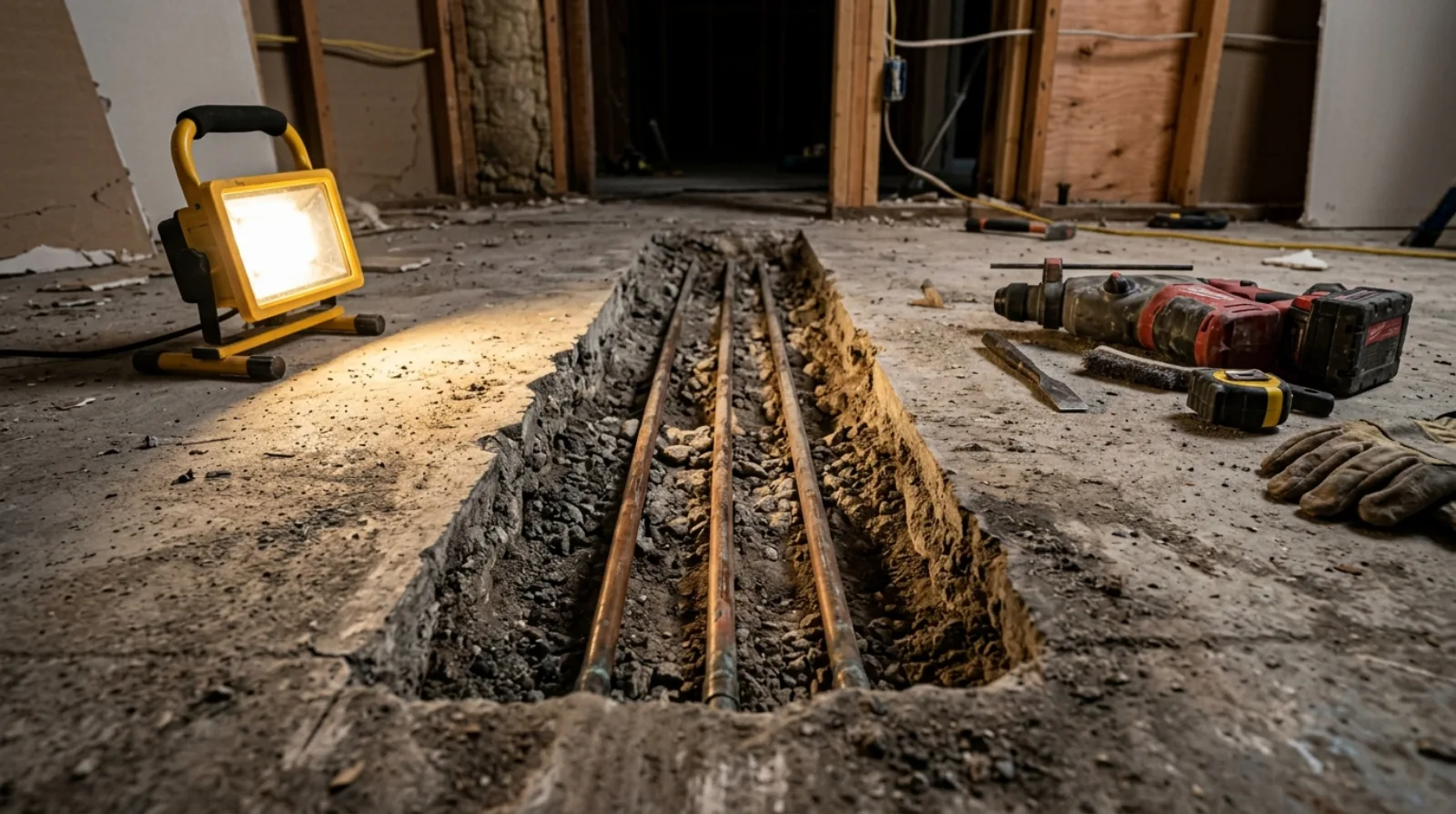 Exposed original radiant in-floor heating pipes embedded in a cut section of concrete slab during a North Vancouver rancher renovation