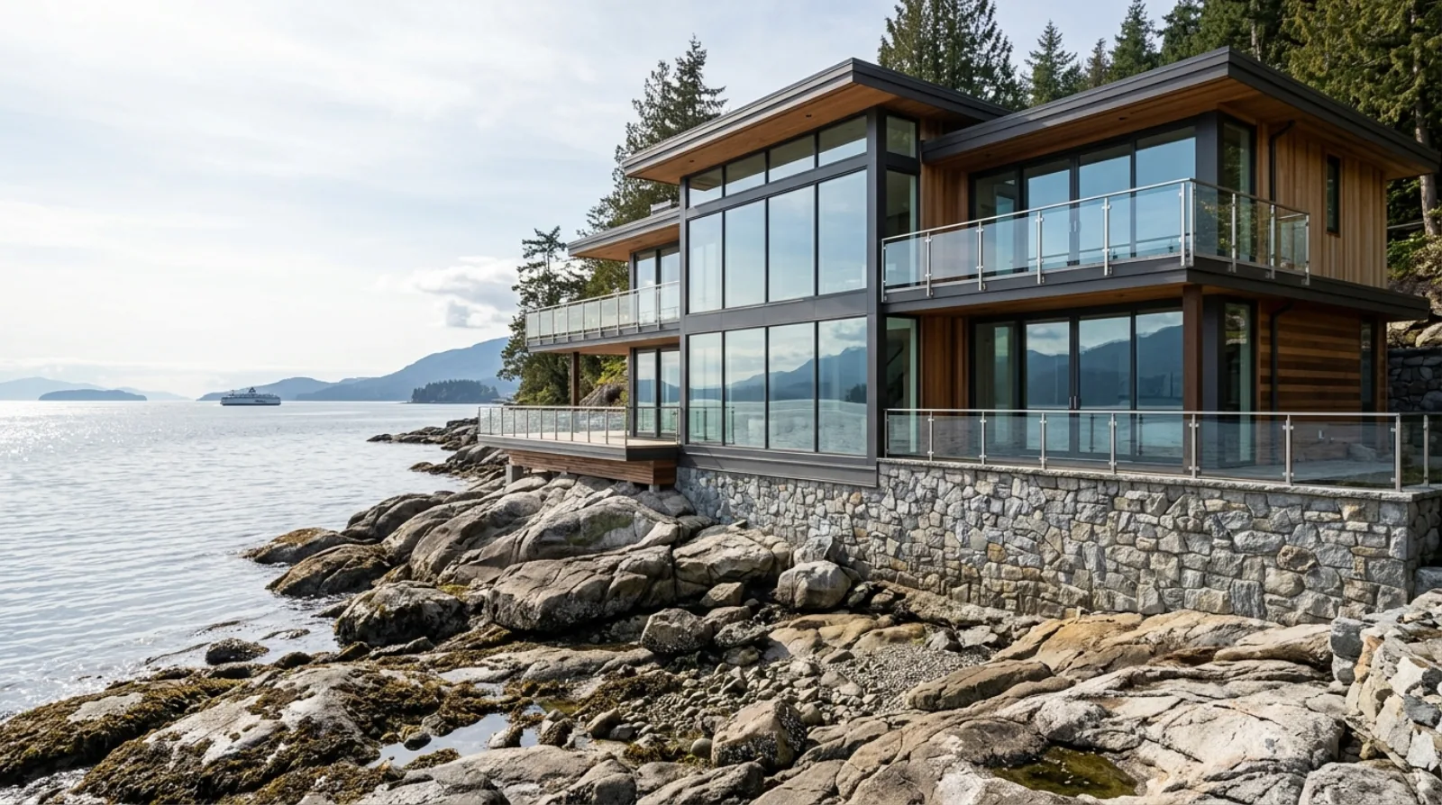 Modern renovated waterfront home on the West Vancouver shoreline with large glazed walls, stone base, and ocean beyond