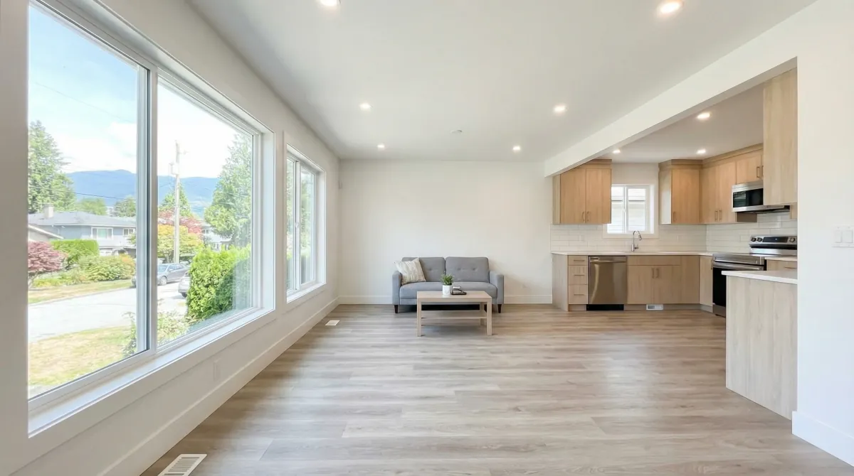 Finished secondary suite kitchen and living area in a North Vancouver home