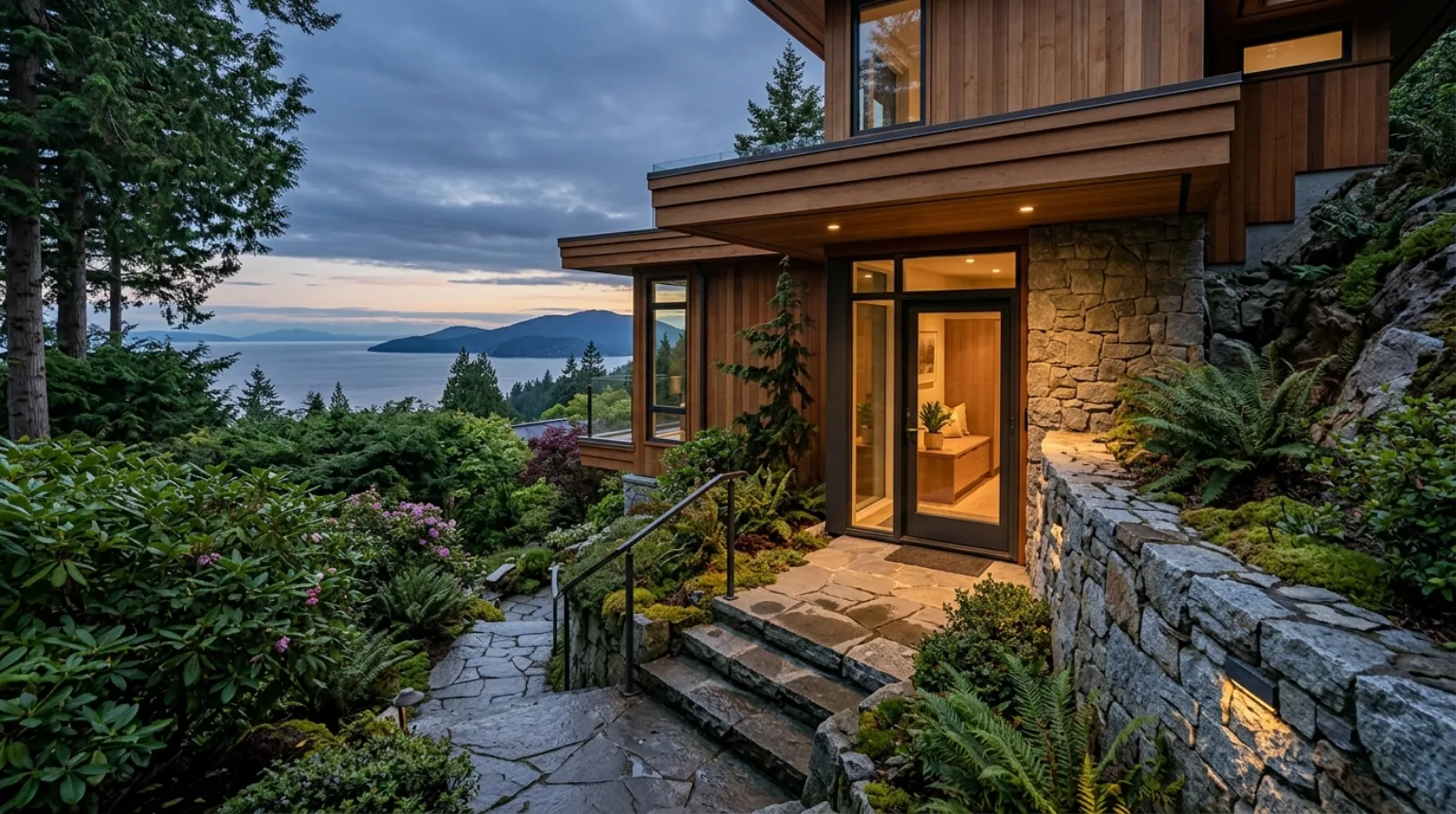 Walk-out lower level suite entrance on a West Vancouver hillside home with cedar and stone exterior