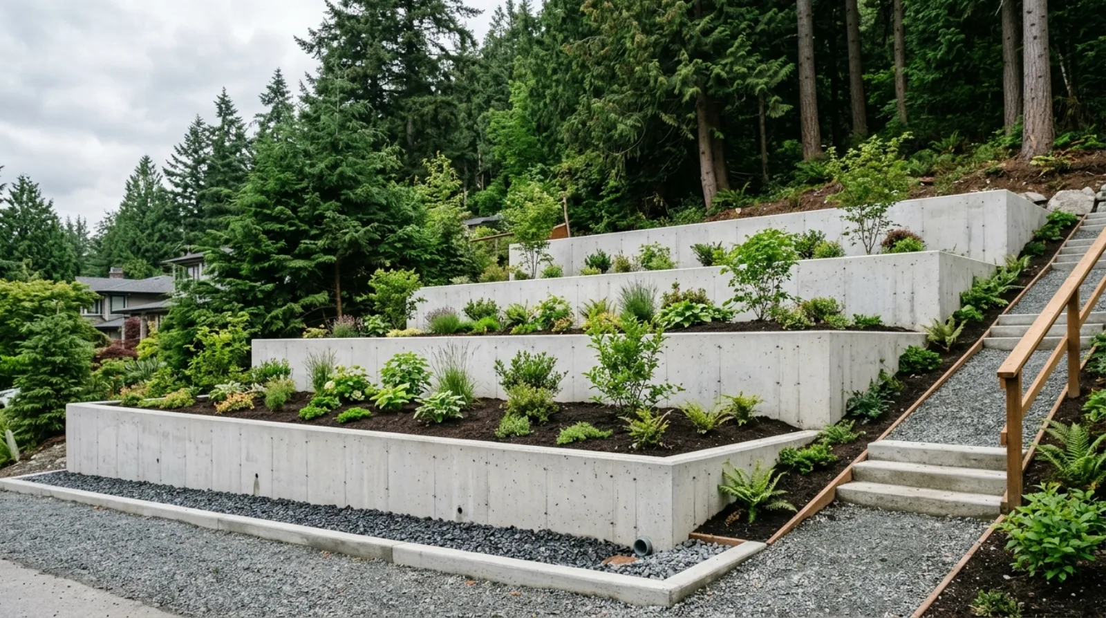 Terraced concrete retaining walls and drainage on a steep North Vancouver residential lot