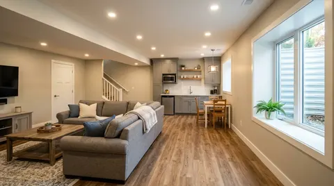 Finished basement with new flooring and lighting