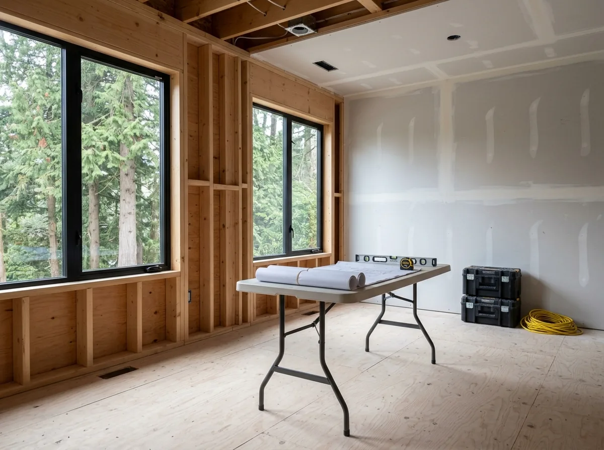 Renovation in progress in a North Vancouver home, with new framing, taped drywall and project drawings on the work table